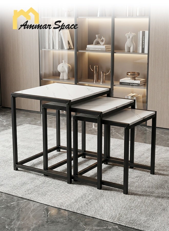 مساحة عمار طقم طاولات جانبية متداخلة من 3 قطع بسطح رخامي المظهر وإطار معدني أسود، طاولة قهوة متعددة الاستخدامات لغرفة المعيشة أو الأريكة أو غرفة النوم، تصميم موفر للمساحة - Image 2